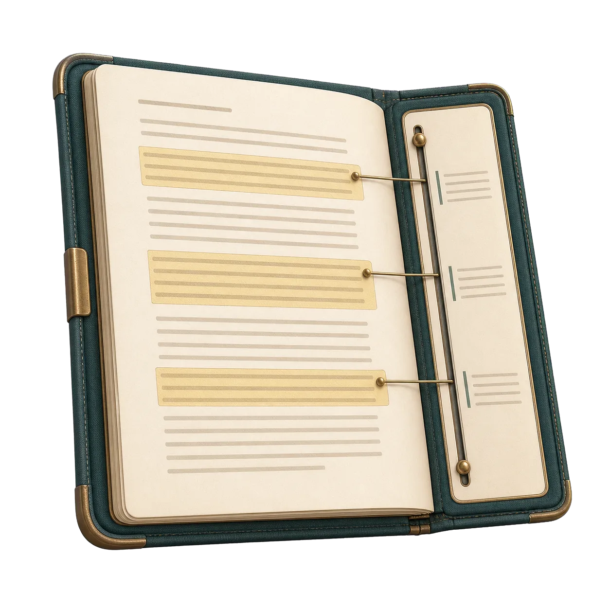 Open Reader folio with highlighted passages connected to an evidence annotation gutter